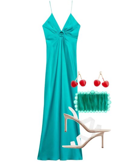 Satin maxi dress, cherry earrings, see through strap sandals and turquoise clutch.
Summer dress, holiday dress, vacation dress, wedding guest.

#LTKSeasonal #LTKparties #LTKstyletip
