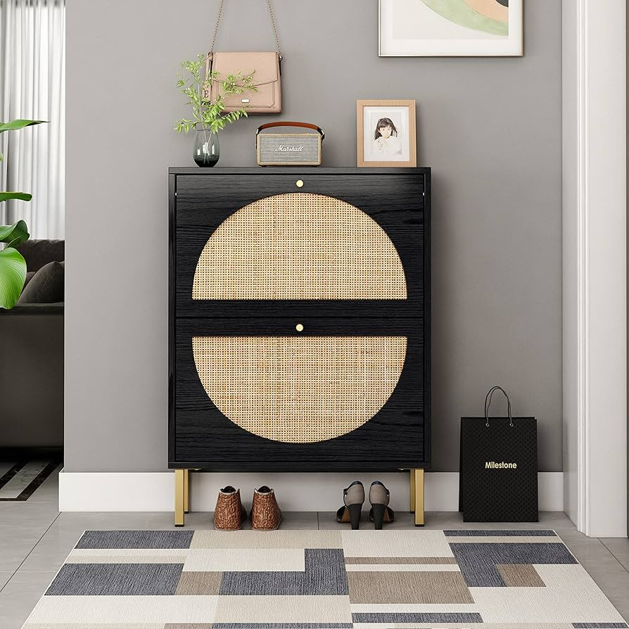 ZeHuoGe Natural Rattan Shoe Cabinet with 2 Flip Drawers, Entrance Hallway Slim Entryway Shoe Orga... | Amazon (US)