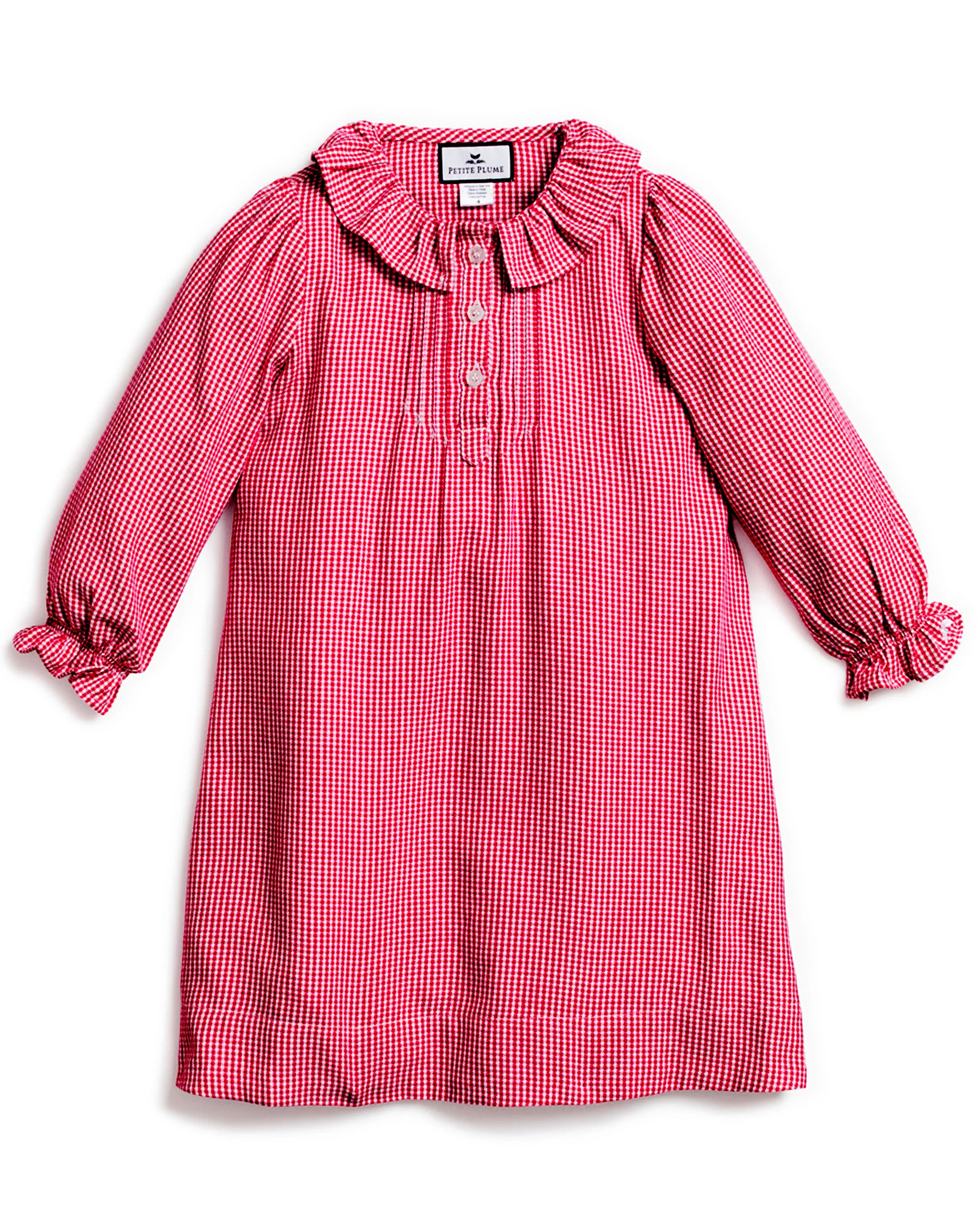Girl's Flannel Victoria Nightgown in Red Mini Gingham | Petite Plume