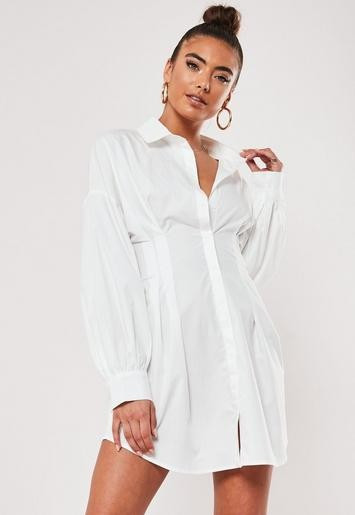 Missguided - White Poplin Pleated Waist Shirt Dress | Missguided (US & CA)