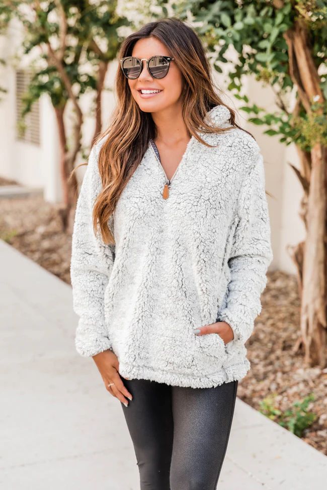 Snowy Daydreams Light Grey Sherpa Quarter Zip Pullover DOORBUSTER | The Pink Lily Boutique