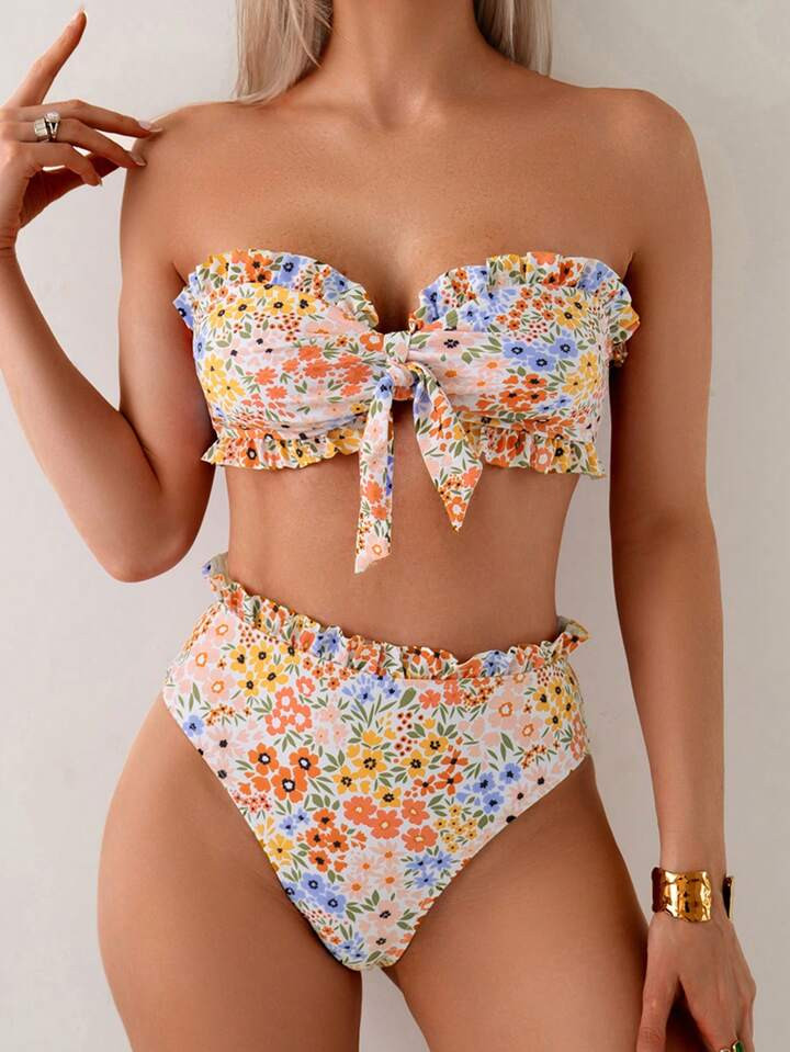 Swim Mod 2pcs Ditsy Floral Ruffled Bandeau Swimwear Set, Beach Summer Vogue, Spring/Summer Bestseller | SHEIN