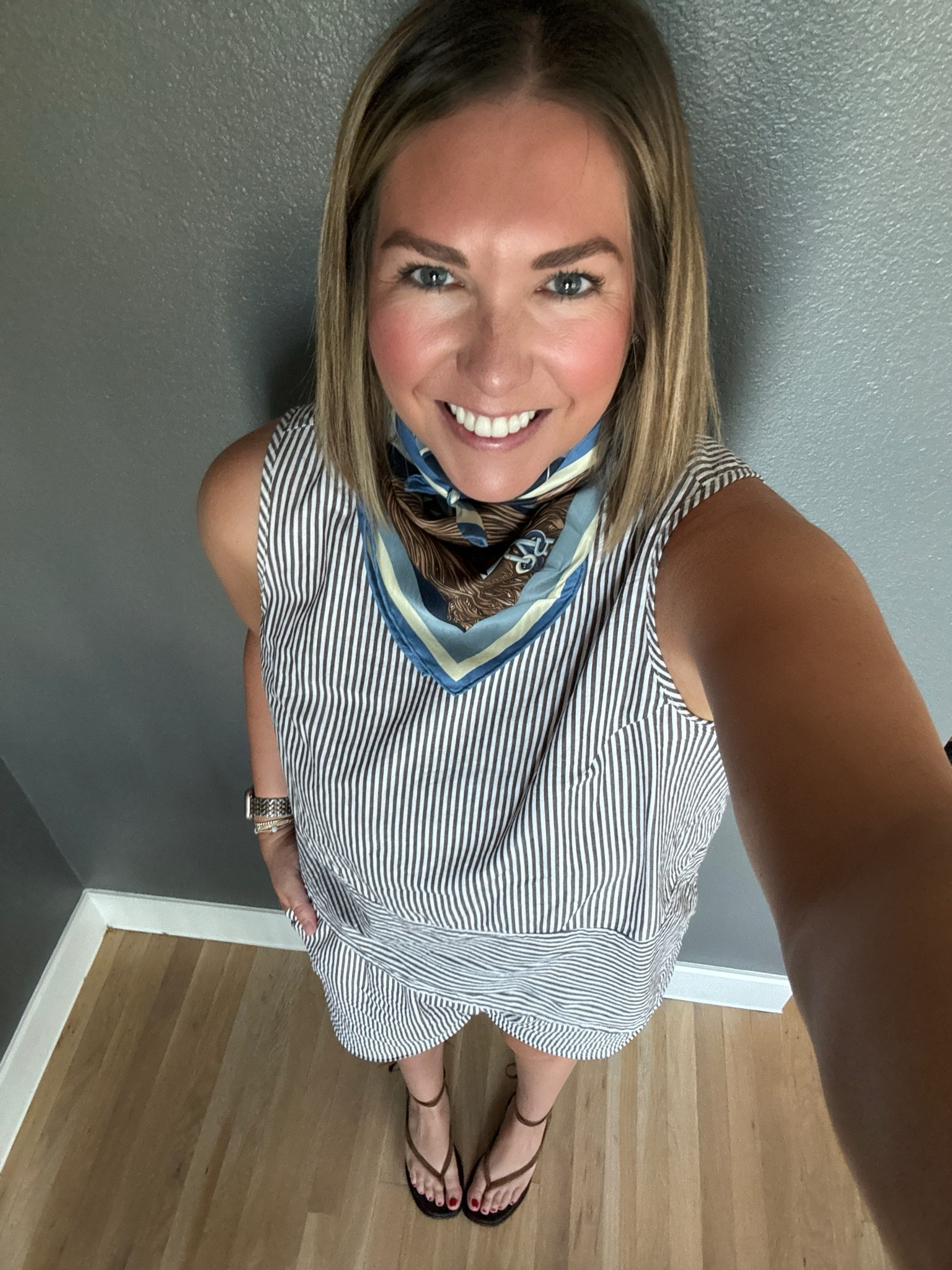 Summer is here and I love a matching set. I love spicing them up with fun accessories. This scarf might be my favorite piece I own. I love the colors so much. Added a wrap sandal and called it good.

#LTKootd #LTKMidsize #LTKSeasonal