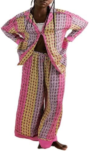 Womens Y2k Silk Pajama Sets Floral Print Long Sleeve Button Down Shirts Wide Leg Pants 2 Piece Lo... | Amazon (US)