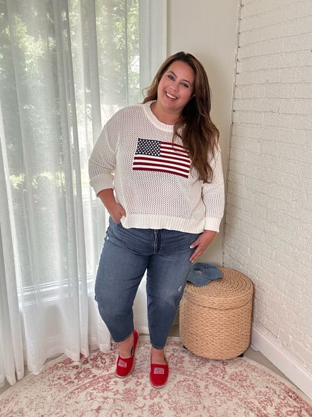 Plus size Americana look perfect for the summer! Love the mesh American flag sweater to most! And the shoes! 

#LTKStyleTip #LTKPlusSize