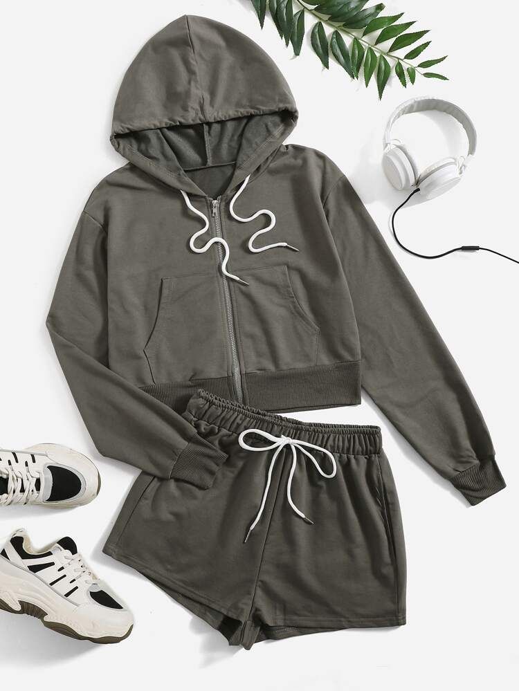 Solid Zip Up Hooded Sweatshirt & Shorts | SHEIN