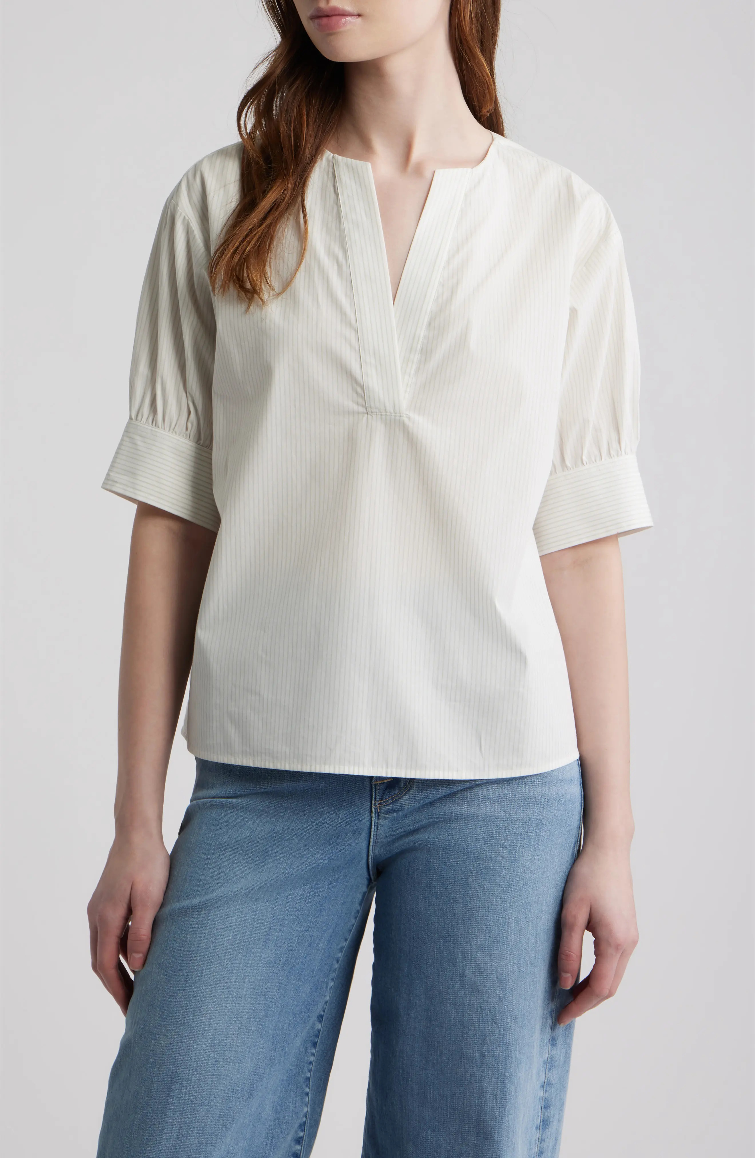FRAME Stripe Split Neck Organic Cotton Popover Top in Navy Multi at Nordstrom, Size Large | Nordstrom