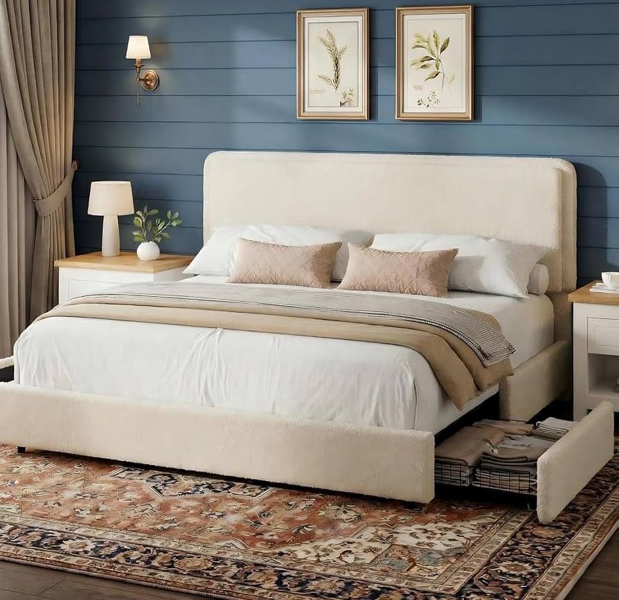 GarveeHome Bed Frame with 2 Storage Drawer, Cream Beige, King | Amazon (US)