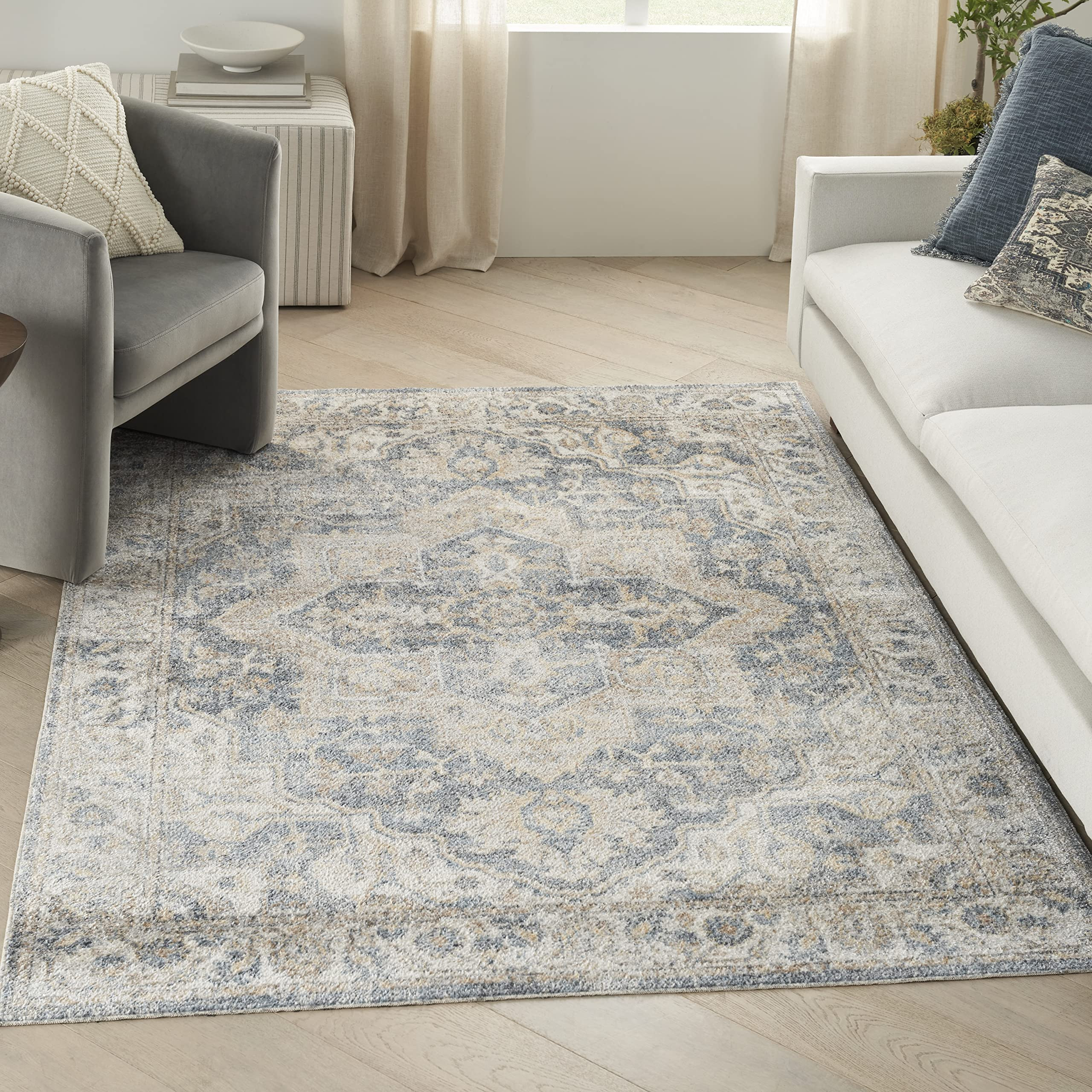 Nourison Home Astra Machine Washable Traditional Grey/Blue 6'7" x 9' Area Rug, Easy Clean, Non Sh... | Amazon (US)