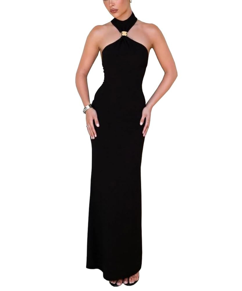 Women Halter Maxi Dress High Neck Sleeveless Back Slit Hem Elegant Party Cocktail Long Formal Dre... | Amazon (US)