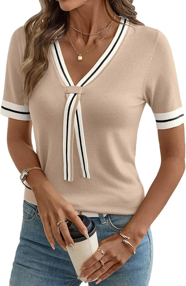 Dokotoo Short Sleeve Womens Tops Lightweight Knit Pullover Sweaters V Neck Striped Trim Shirts Sp... | Amazon (US)