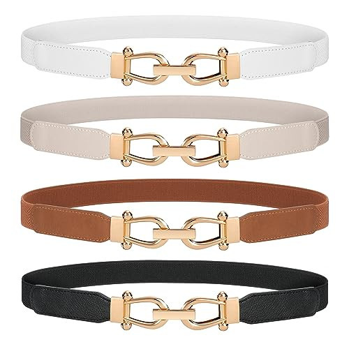 WERFORU Women Skinny Belt for Dresses Retro Stretch Waist Belt with Gold Buckle Set of 4,Black+Brown+White+Beige | Amazon (US)