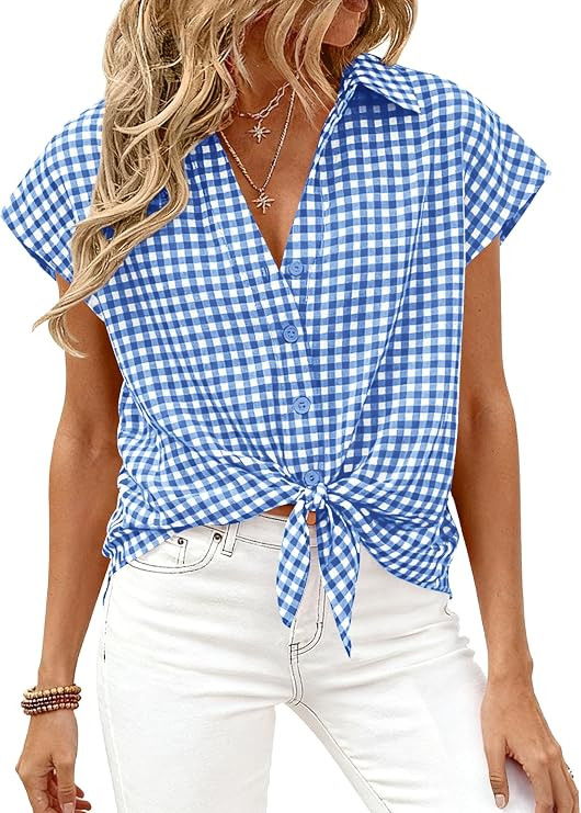 PRETTYGARDEN Womens Button Down Shirts V Neck Short Cap Sleeve Collared Plaid Tops 2026 Summer Sp... | Amazon (US)