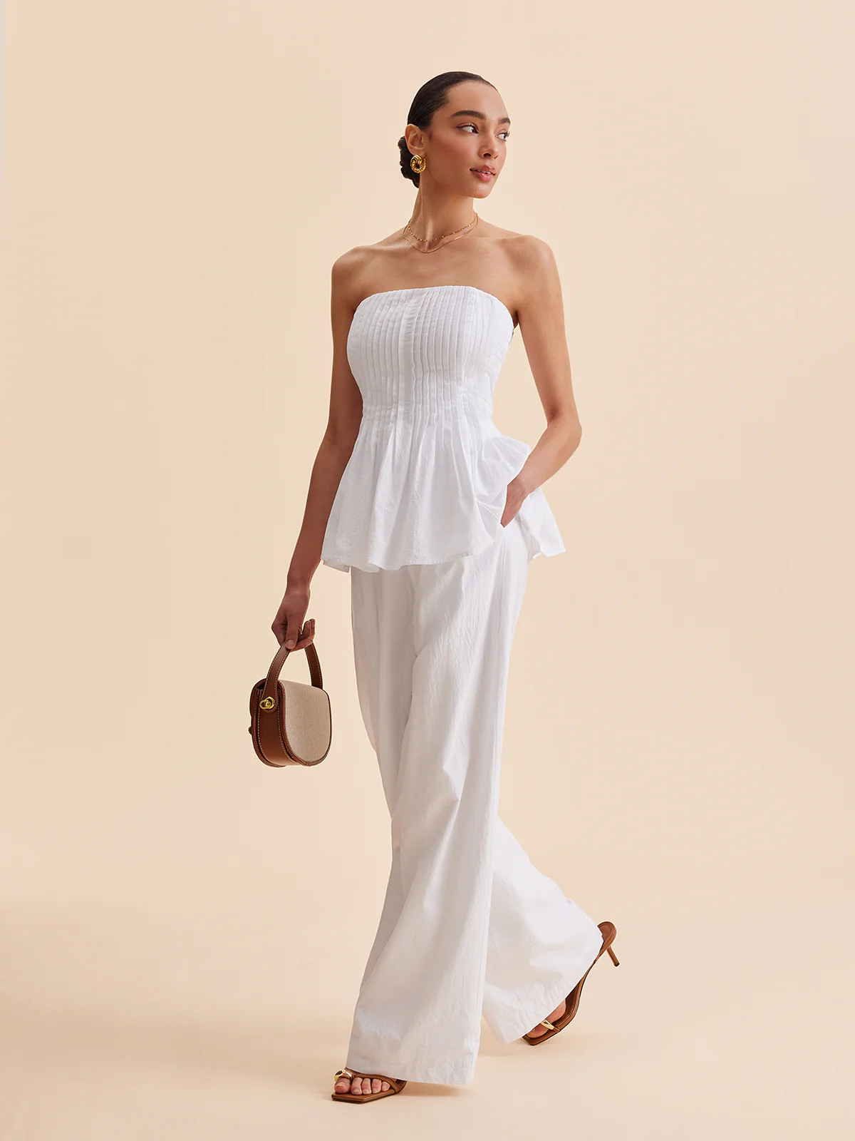 Cotton Mid-Waist Wide-Leg Pants With Pockets | Commense