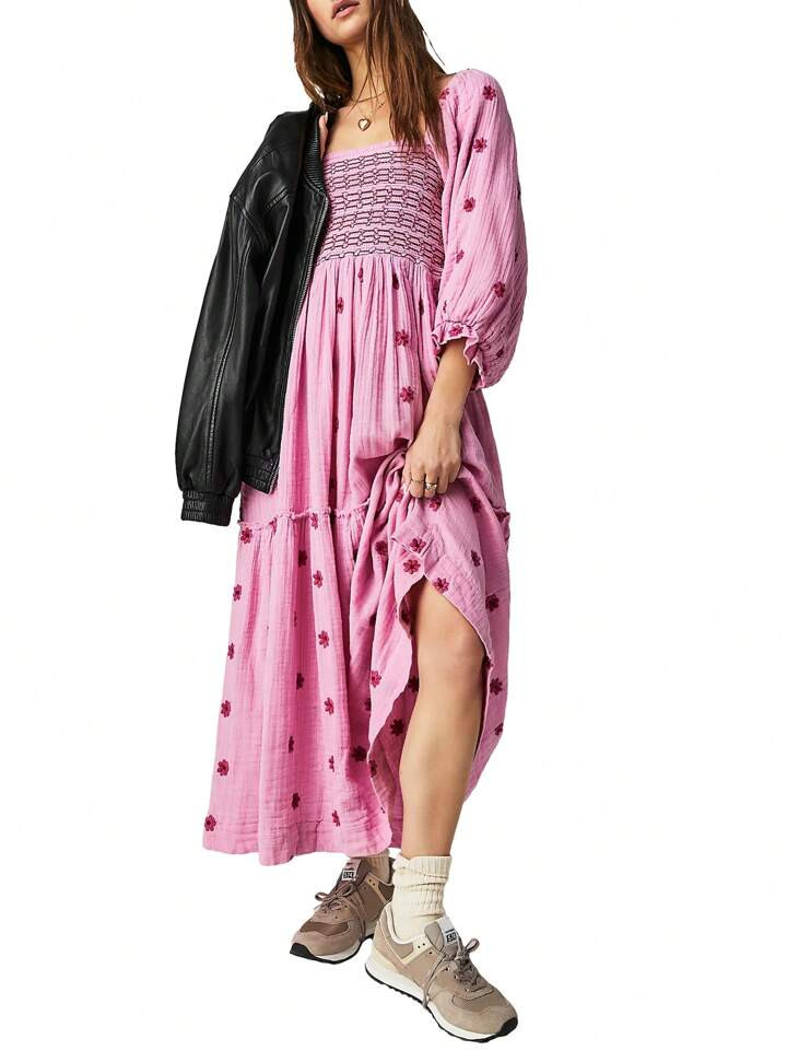 Women Summer Casual Long Dress 3D Embroidered Flowers Square Neck Puff Sleeve Dress Fashion Backless A-Line Dress | SHEIN