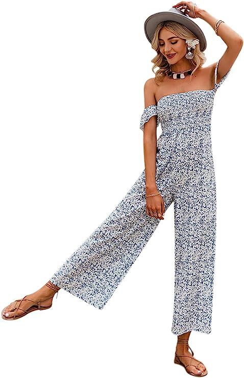 Amegoya Women's Sexy Off Shoulder Floral Print Romper Casual Drawstring Wide Leg Pants Jumpsuit | Amazon (US)