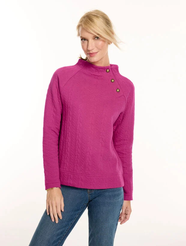Cable Knit Button Shoulder Sweatshirt | Talbots