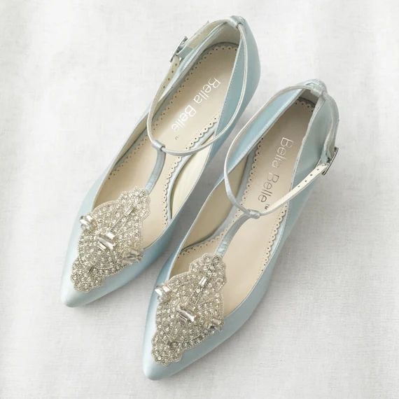 Art Deco Something Blue Wedding Shoes Great Gatsby Crystal Applique T-Strap Kitten Heel Silk Sati... | Etsy (US)