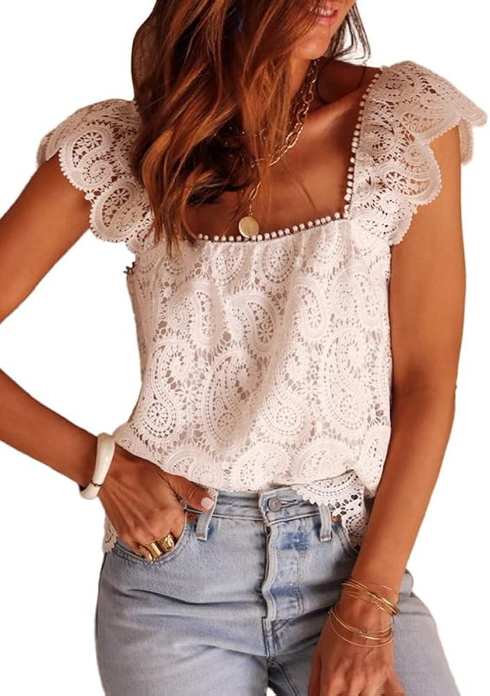 Dokotoo Womens Tank Tops Square Neck Tassel Lace Tees Ruffle Sleeveless Crochet Top Summer Shirts | Amazon (US)