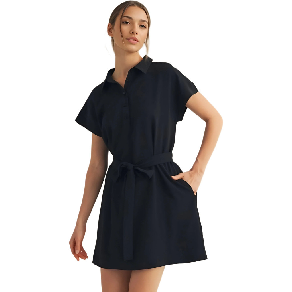 Knit and Lounge Collared Short Sleeve Mini Dress with Waist Tie in Black at Nordstrom, Size Large | Nordstrom