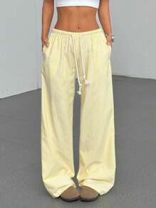 TRNVIE Pink Cotton Low-Waisted Drawstring Tie Straight Leg Pants, Fashionable Casual Home Wear Fo... | SHEIN