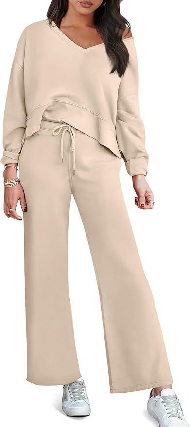 Prinbara Women's Two Piece Outfits Sweatsuit Set Casual Long Sleeve V Neck Top Wide Leg Pants Mat... | Amazon (US)