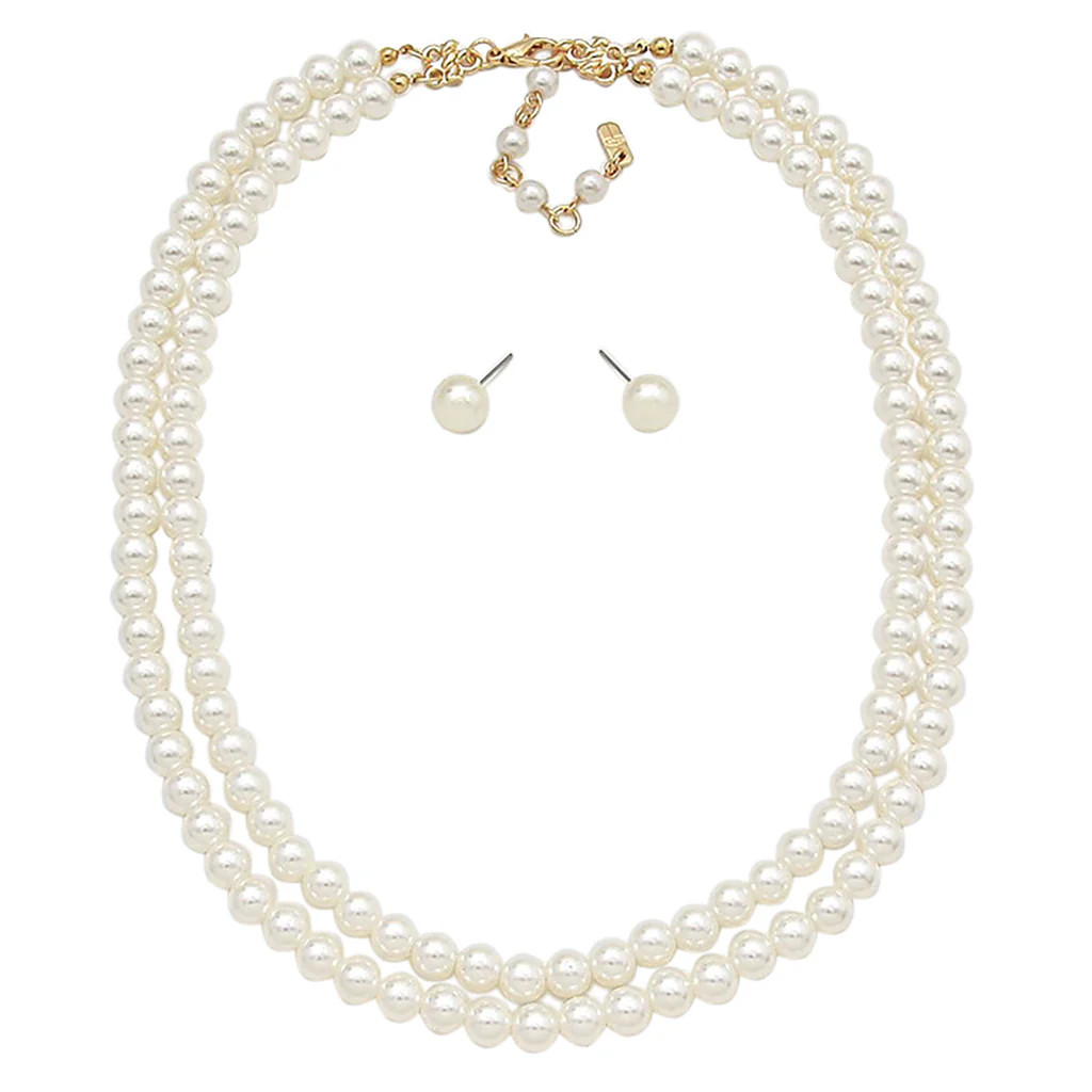 Stunning Classic Double Strand Of Simulated Pearls Necklace And Earring Gift Set, 20&quot;+2.5&qu... | Rosemarie Collections