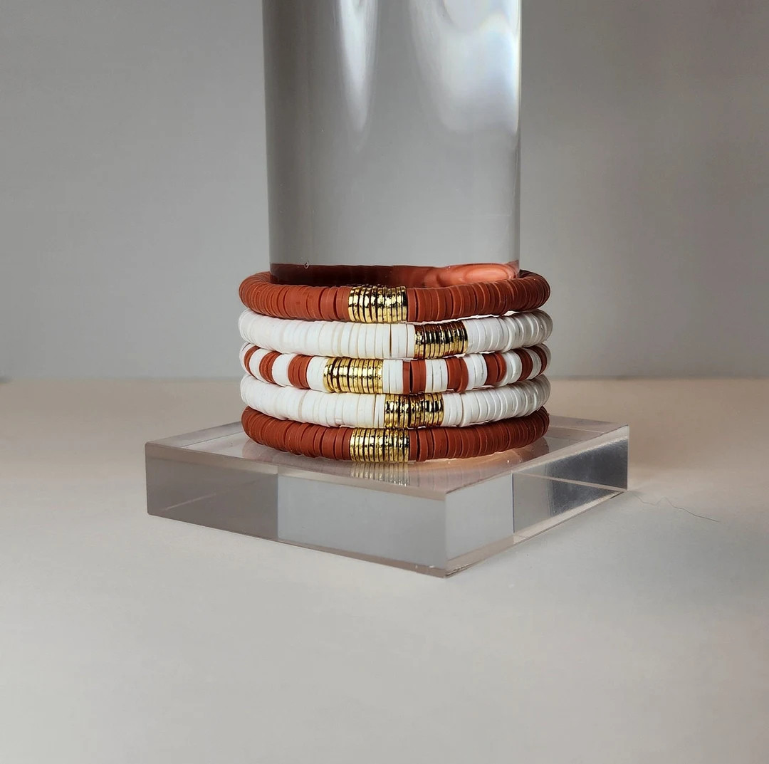 Burnt Orange Game Day Heishi Coin Stack Layering Bracelets - Etsy | Etsy (US)