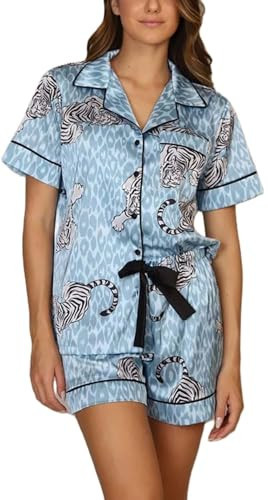 Yiulangde Womens Roller Doop Rabbit Pajamas Tiger Print Short Sleeve Pjs Shirt Preppy Pajamas Y2k Two Piece Shorts Lounge Pajama Sets Sleepwear | Amazon (US)