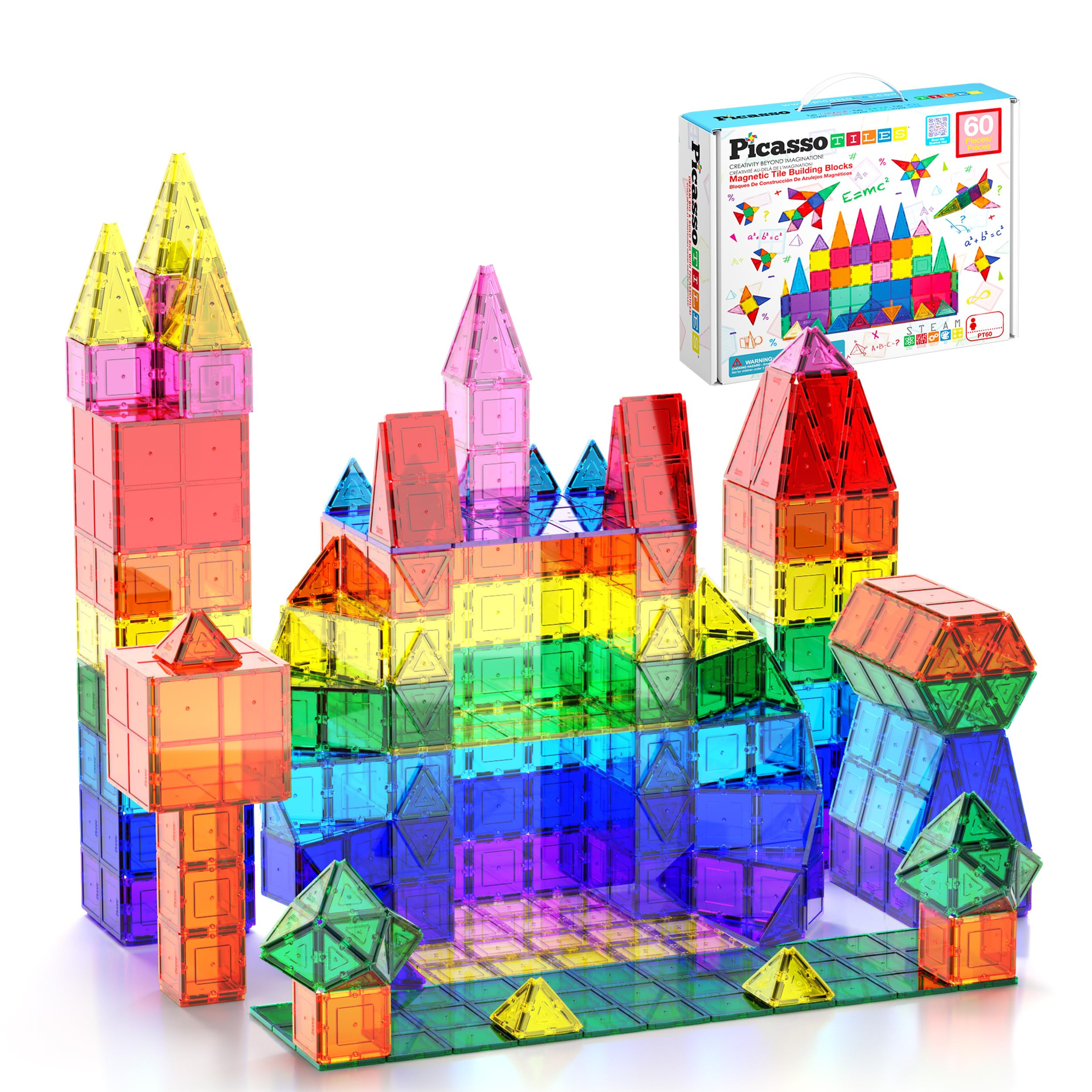 PicassoTiles 60 Piece Set 60pcs Magnet Building Tiles Clear Magnetic 3D Blocks Construction Playb... | Amazon (US)