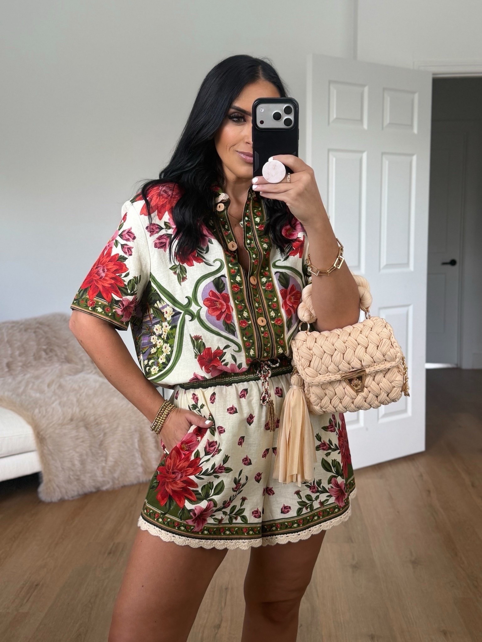 Farm Rio wonder Rio linen blend button down shirt wearing size small. Farm Rio wonder Rio linen blend drawstring shorts wearing size medium but could have went with a small 