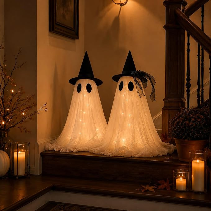 2-Pack Halloween Ghost Decor Set, USB Powered w/Remote Lights | Amazon (US)