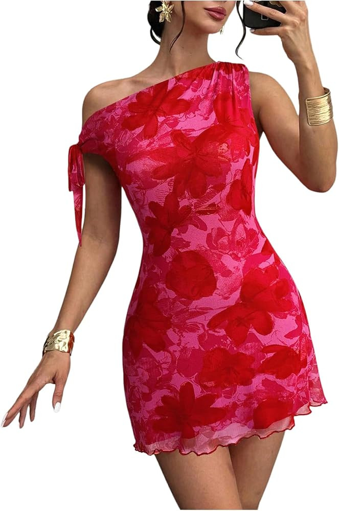GORGLITTER Women's Asymmetrical Hem Bodycon Mini Dress Tie One Shoulder Floral Sleeveless Wedding... | Amazon (US)