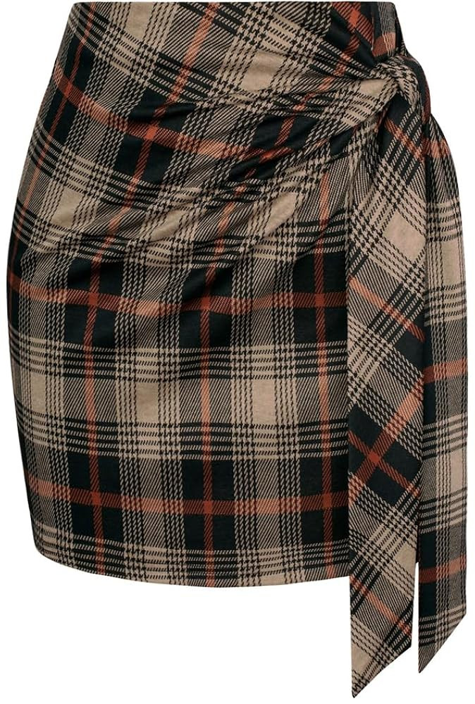 Kate Kasin Women's Plaid Skirt Elastic High Waist Bow Tie Stretch Bodycon Pencil Mini Skirts | Amazon (US)