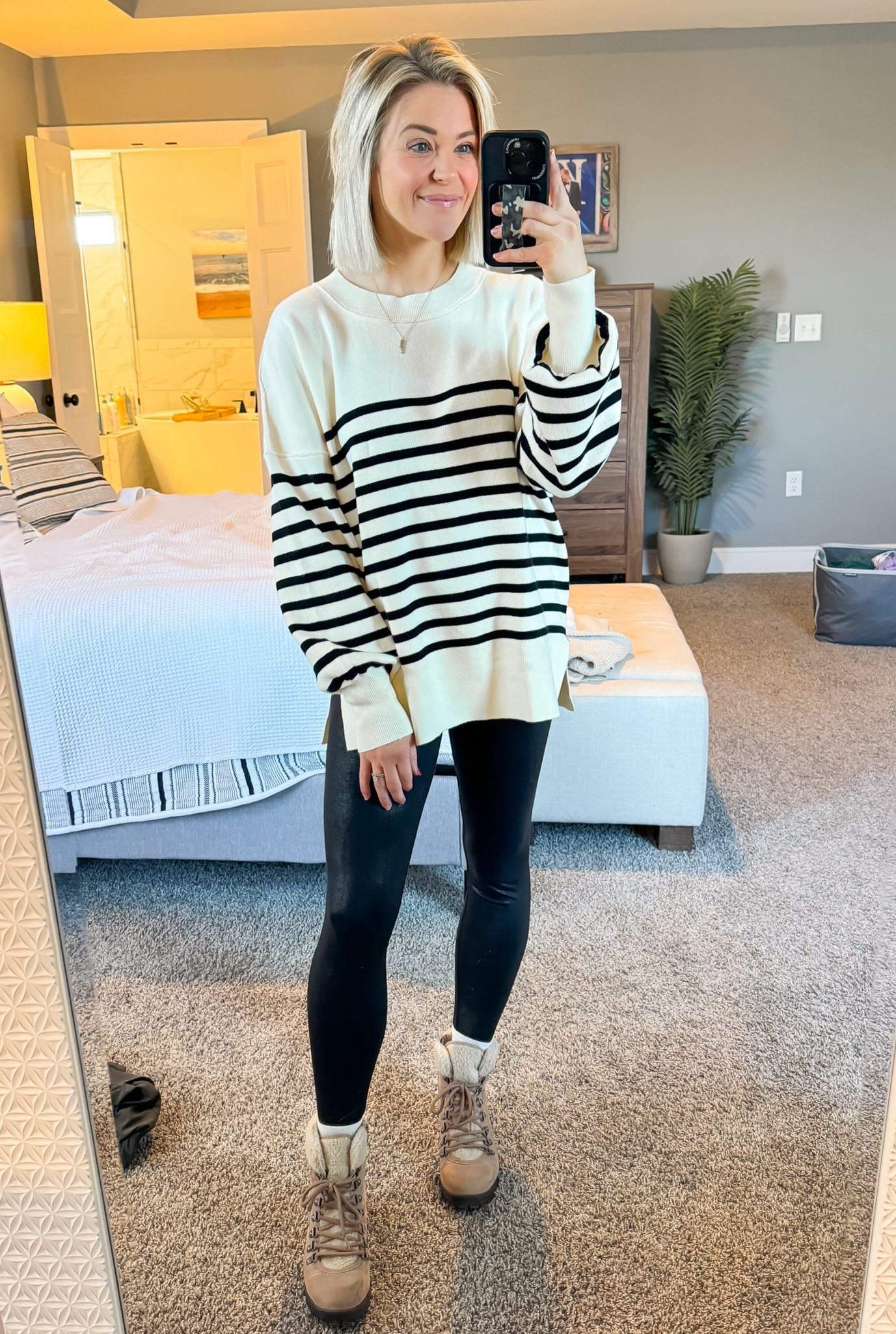 Love this striped Amazon sweater, it is so cozy, not at all itchy! True to size. Paired here with shiny leggings - similar to spanx but from AE a few years ago! 

#LTKOver40 #LTKCyberWeek #LTKSaleAlert