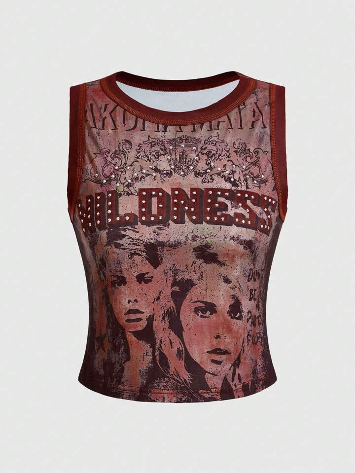 ROMWE Grunge Punk Women's Y2K Letter & Figure Print Crew Neck Fashionable Camisole | SHEIN