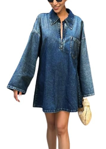 utcoco Women 2025 Fashion Fall Long Sleeve Denim Mini Dress 1/4 Zip Up Short Jean Dresses with Pockets (X-Large, Dark Blue) | Amazon (US)