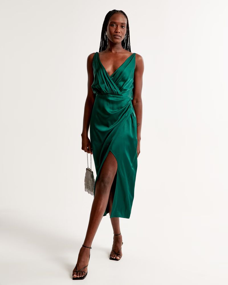 Women's Satin Draped Wrap Midi Dress | Women's | Abercrombie.com | Abercrombie & Fitch (US)