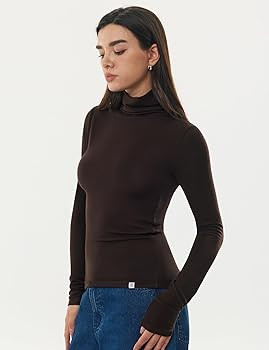 Women's Turtleneck Long Sleeve Merino Wool Blend Shirts Fitted Going Out Tops Basic Tees Cozy Emb... | Amazon (US)