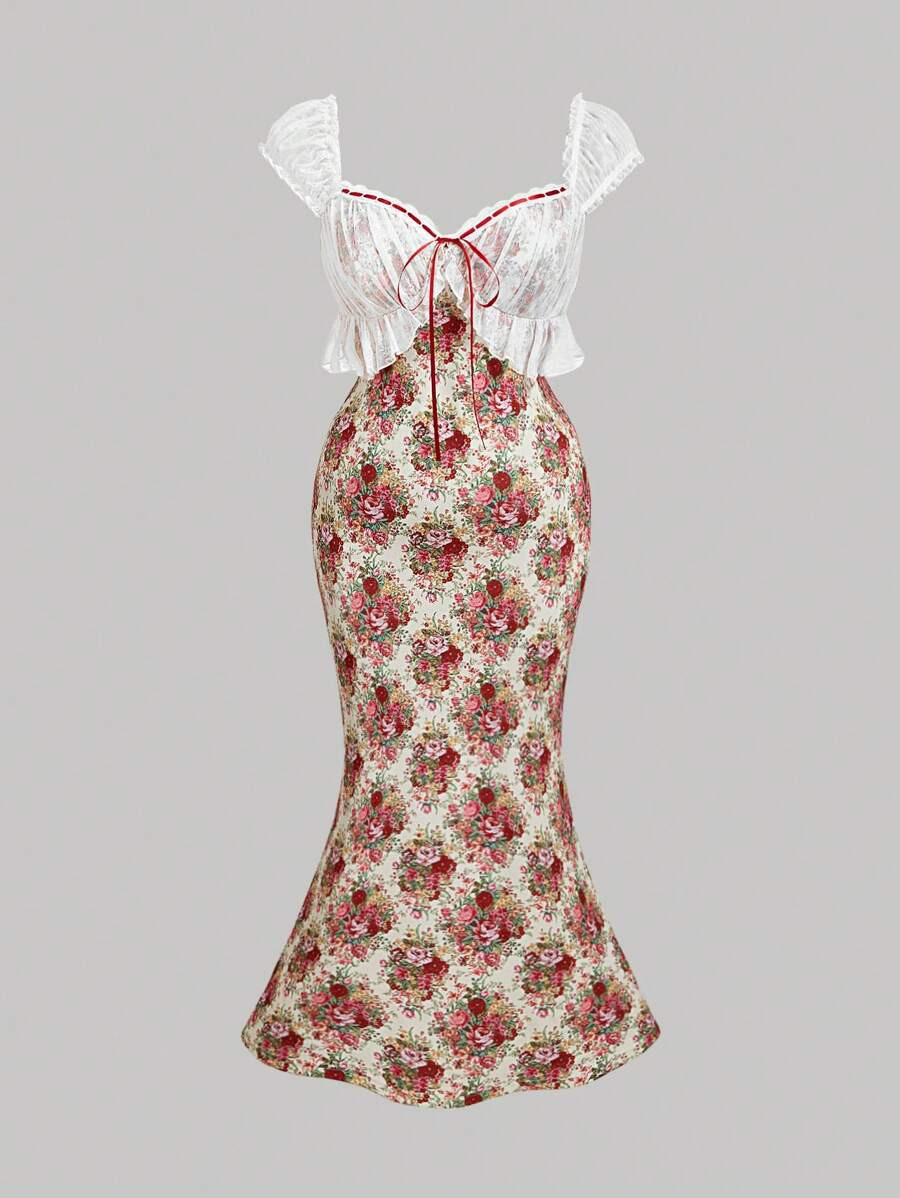 SHEIN MOD Plus Size Women Vintage Pink Rose Print Lace Dress For Women, Romantic Valentine's Day ... | SHEIN