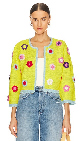 Alice + Olivia Anderson Flower Crochet Cardigan in Yellow. - size XS (also in M, S) | Revolve Clothing (Global)