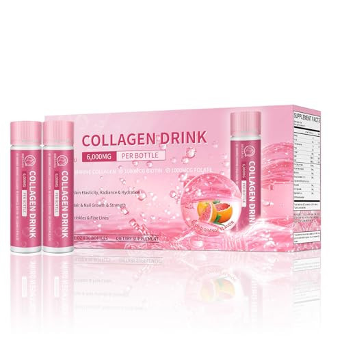 Collagen Drink with 6000 mg Marine Collagen Peptides, Liquid Collagen Shots for Women Support Beauty, Collagen Supplements for Skin, Hair and Nail Wellness, 0.85 Fl.Oz(25 ml)x30 Bottles, Blood Orange | Amazon (US)