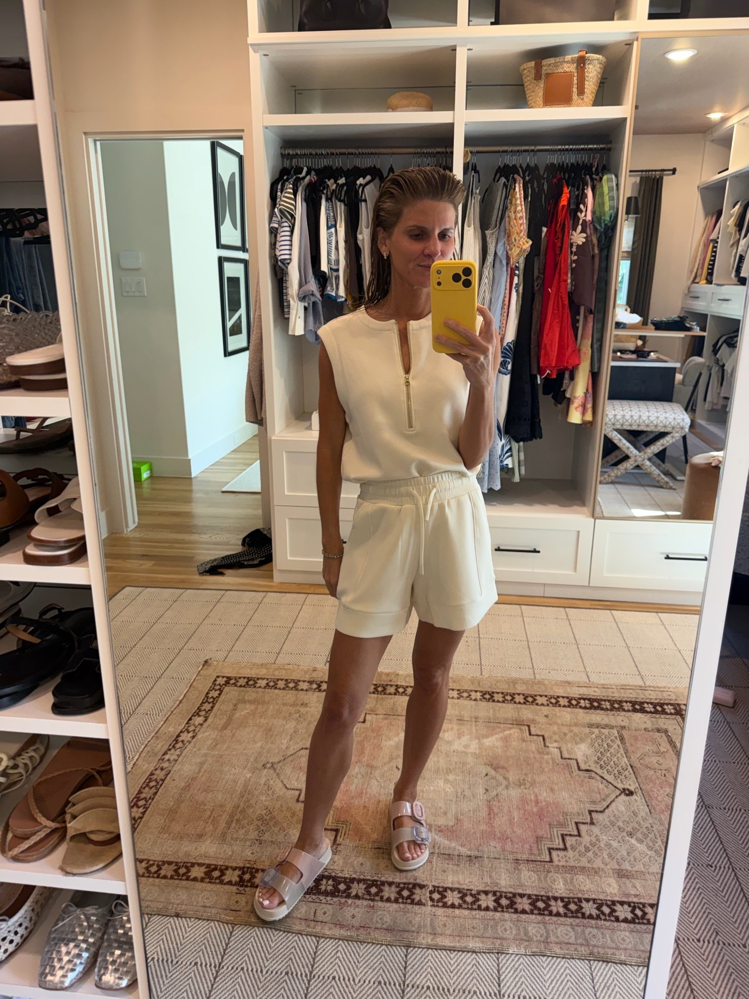 Wearing size XS in both. The color is called “pristine”. Idk why the color looks different in the photos for the shorts and top but they match!