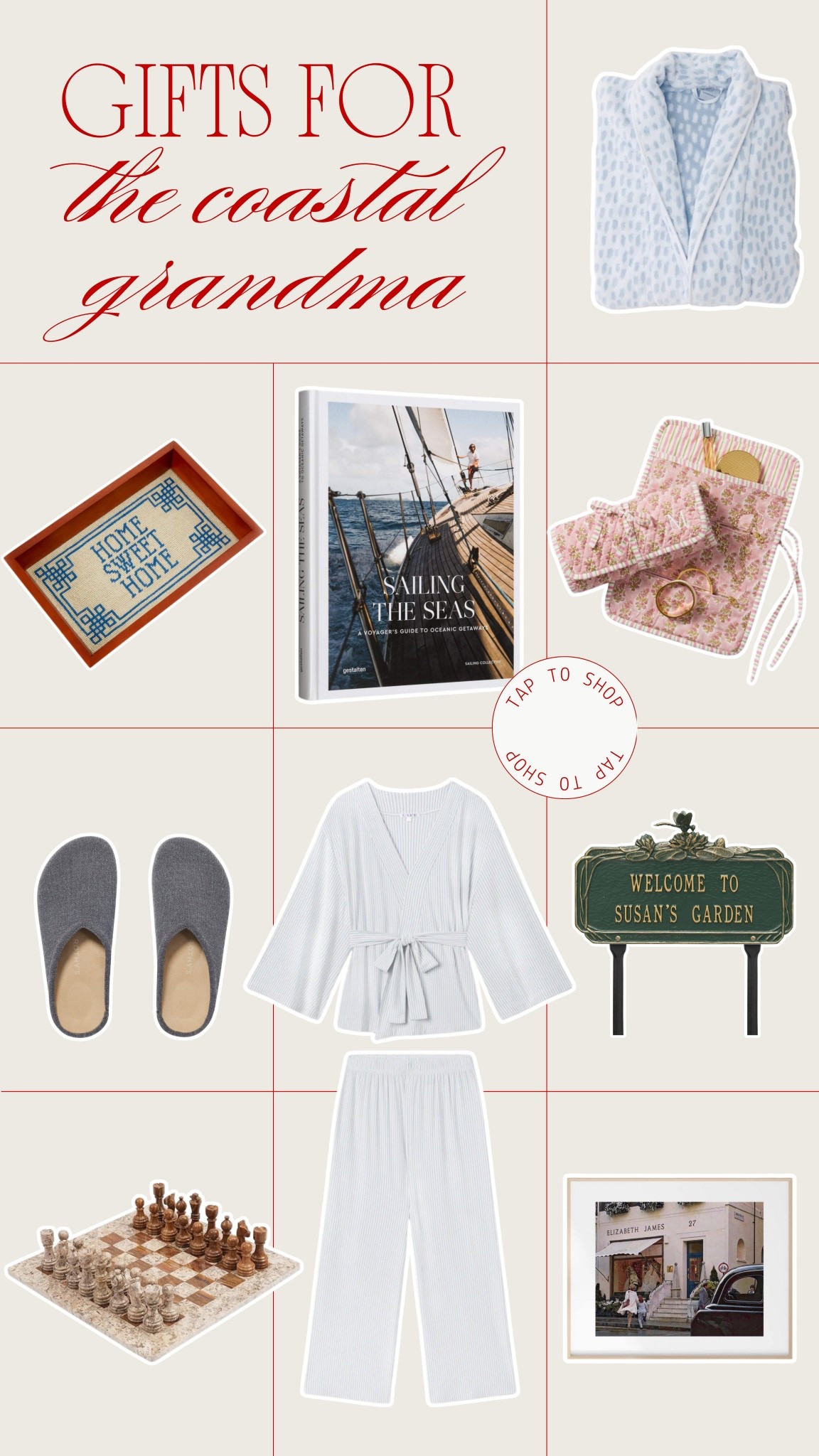 Gifts for the coastal grandma 🐚 

For the one who romanticizes mornings with tea and a book + wears linen sets on repeat. Think Nancy Meyers energy in gift form!!

The vibe:
• Brooklinen robe – cloudsoft and timeless.
• Home Sweet Home tray – perfectly preppy.
• Sailing the Seas coffee table book
• Floral jewelry pouch – vintage inspired and feminine.
• Grey Rothys – minimal, cozy, essential.
• Lake Pajama Seto
• Marble chess set – quiet luxury coded.
• Welcome to Susan’s Garden sign – cottage-core perfection!!
• Parent Trap print – the ultimate Nancy Meyers touch.

Everything’s linked on LTK — coastal grandma approved.

#CoastalGrandma #GiftGuide #LTKHoliday #HomebodyGifts #CozyFinds #NancyMeyersVibes #LTKFinds #GiftIdeas


#LTKGiftGuide #LTKCyberWeek #LTKHoliday