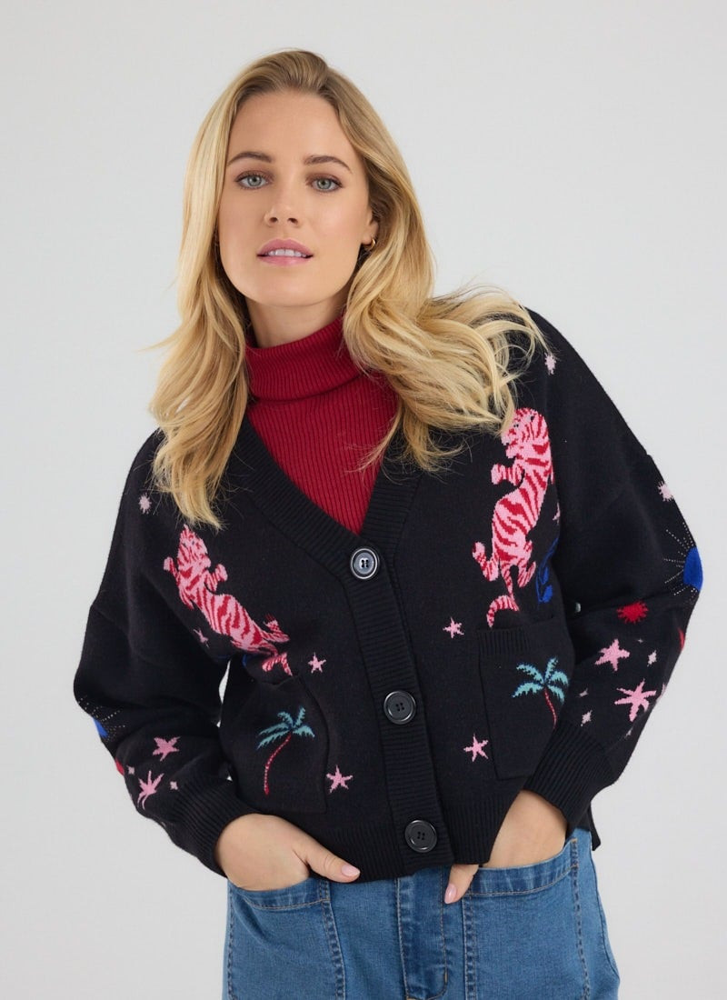 Kiri Tiger Intarsia Knit Oversized Cardigan | Joanie