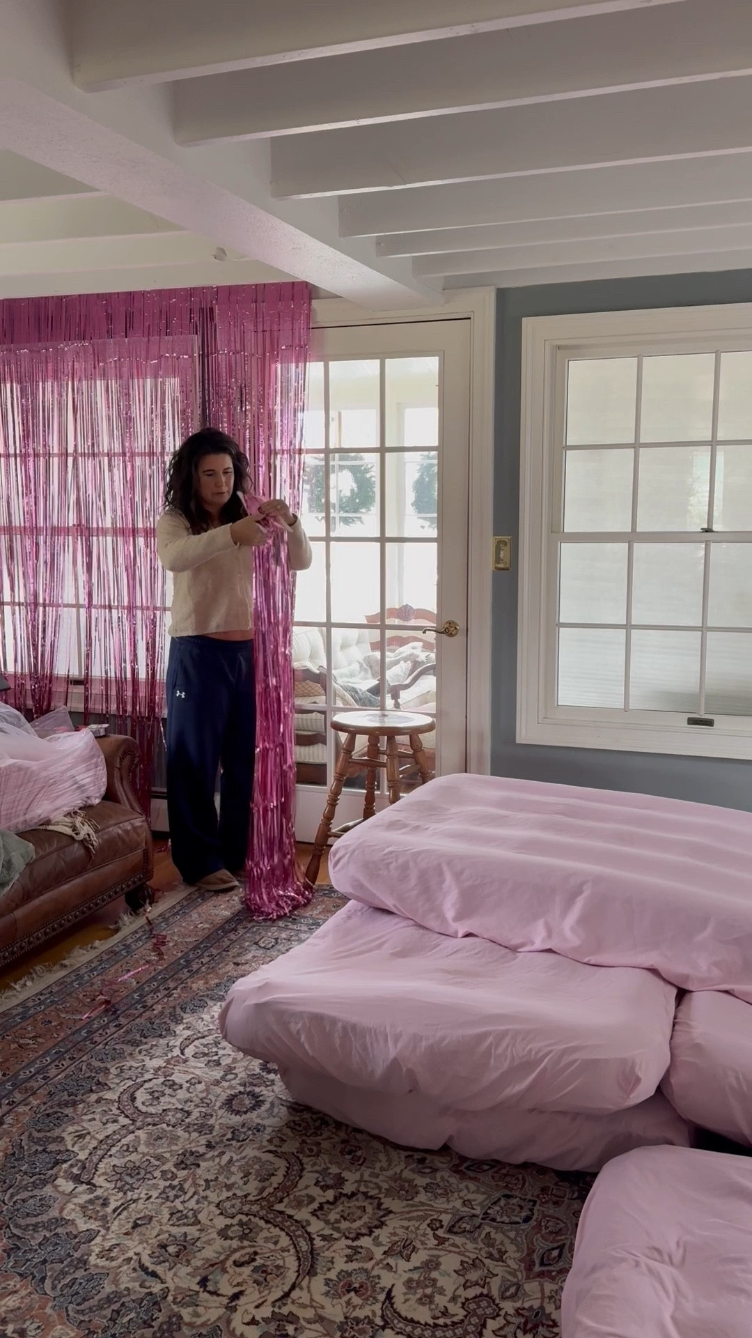 All the tinsel curtains  I used for this fun birthday party setup. 

The pink ones have an adhesive strip for easy hanging. The iridescent ones are much thicker and have loops fir hanging by nails or push pins 