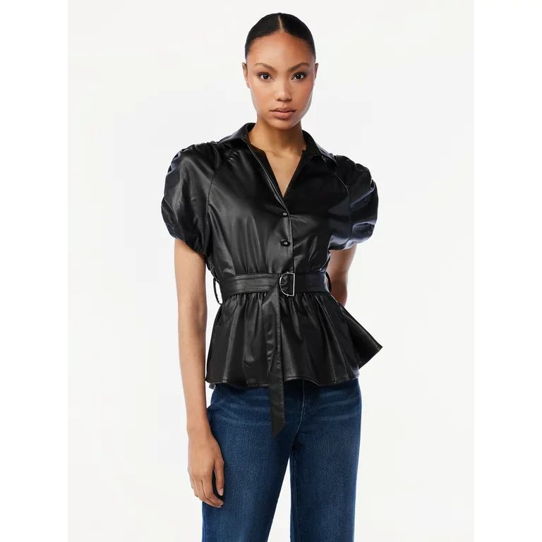 Scoop Women's Faux Leather Belted Peplum Top | Walmart (US)