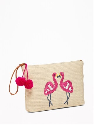 Old Navy Womens Graphic Straw Pom-Pom Clutch For Women Flamingo Size One Size | Old Navy CA