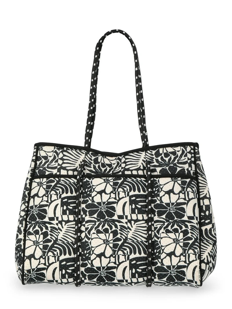 No Boundaries Women's Neoprene Beach Tote Bag, Black/White | Walmart (US)