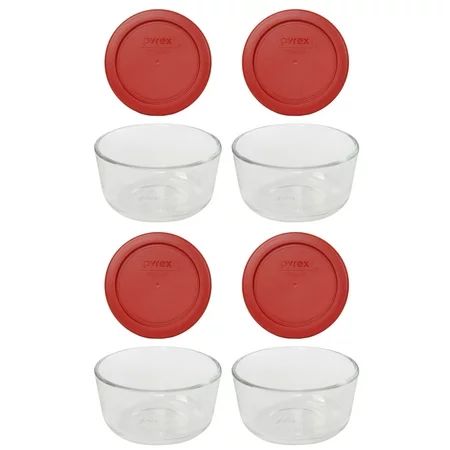 Pyrex 7200 2 Cup Clear Round Glass Food Storage Bowl and 7200-PC Poppy Red Lid (4-Pack) | Walmart (US)